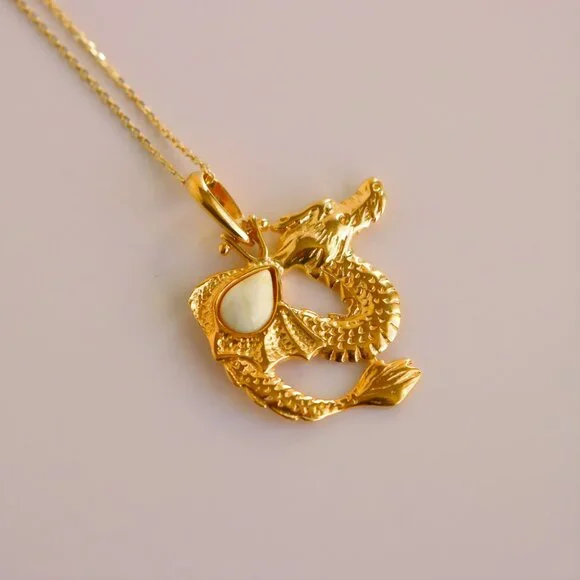 Gold Amber Chinese Dragon Pendant Necklace - Sterling Silver - Picture 2 of 6